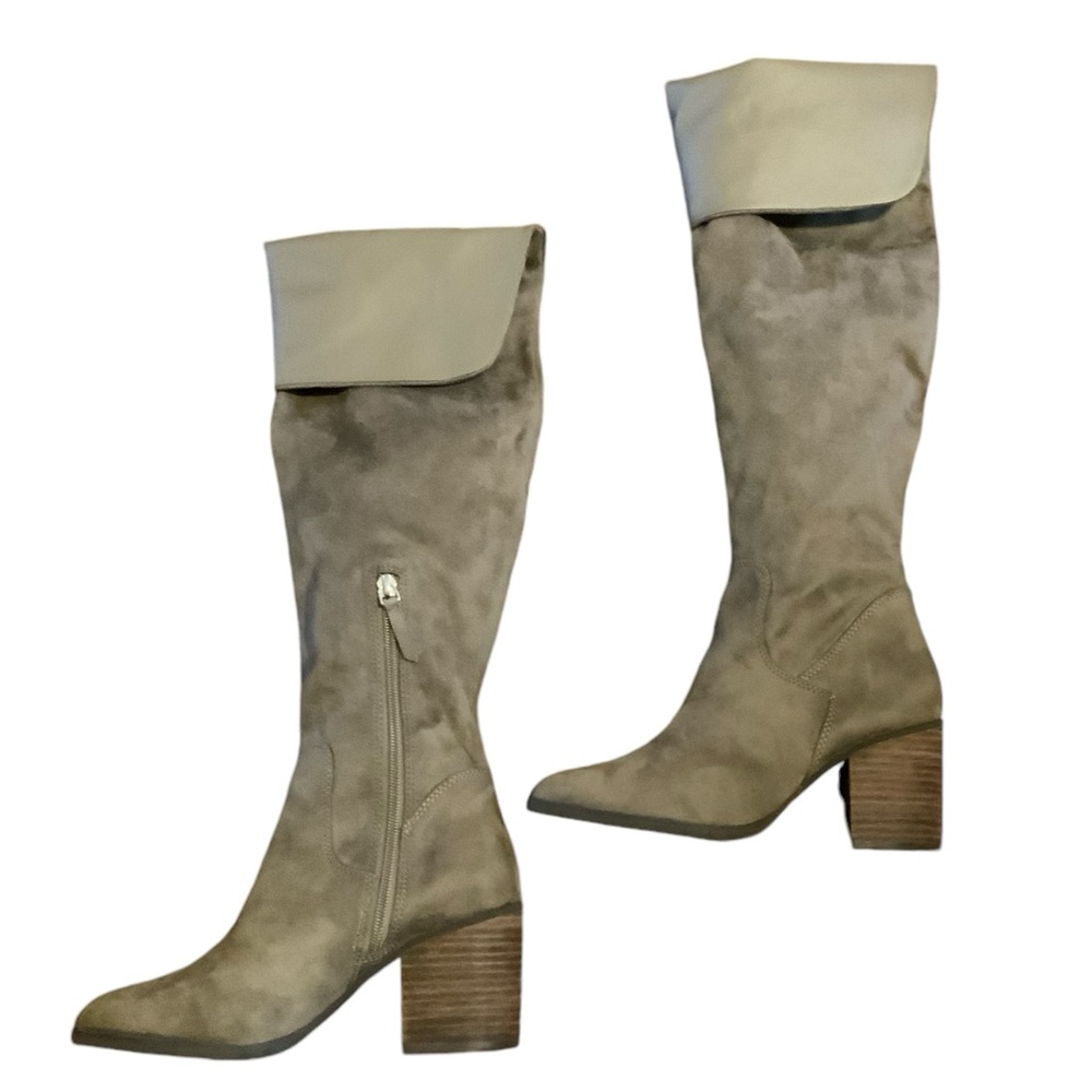 BP Luke Boots faux suede knee high fold down top side zipper tan size 6 1/2 M - Picture 4 of 5
